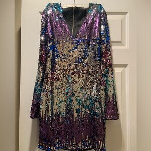 Elegant Sequin Long Sleeve Dress - Purple, Blue, Silver